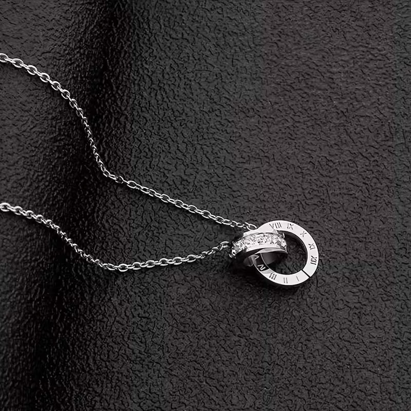 Titanium Steel Double-Ring Pendant Necklace with Roman Numerals – Natural Color