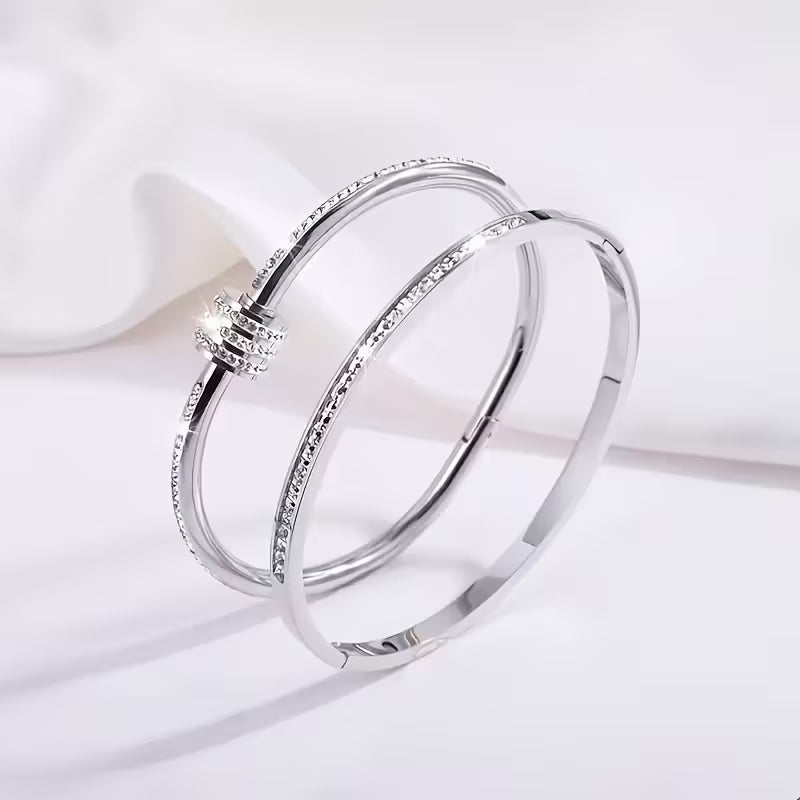 2pcs Titanium Steel Bracelets with Sparkling Zirconia Stones | Durable & Elegant Jewelry Set